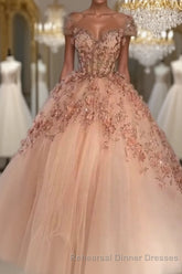 Princess Sparkly Sweetheart Semi Formal Prom Dresses with 3d Flowers, Pink Quinceanera Dresses